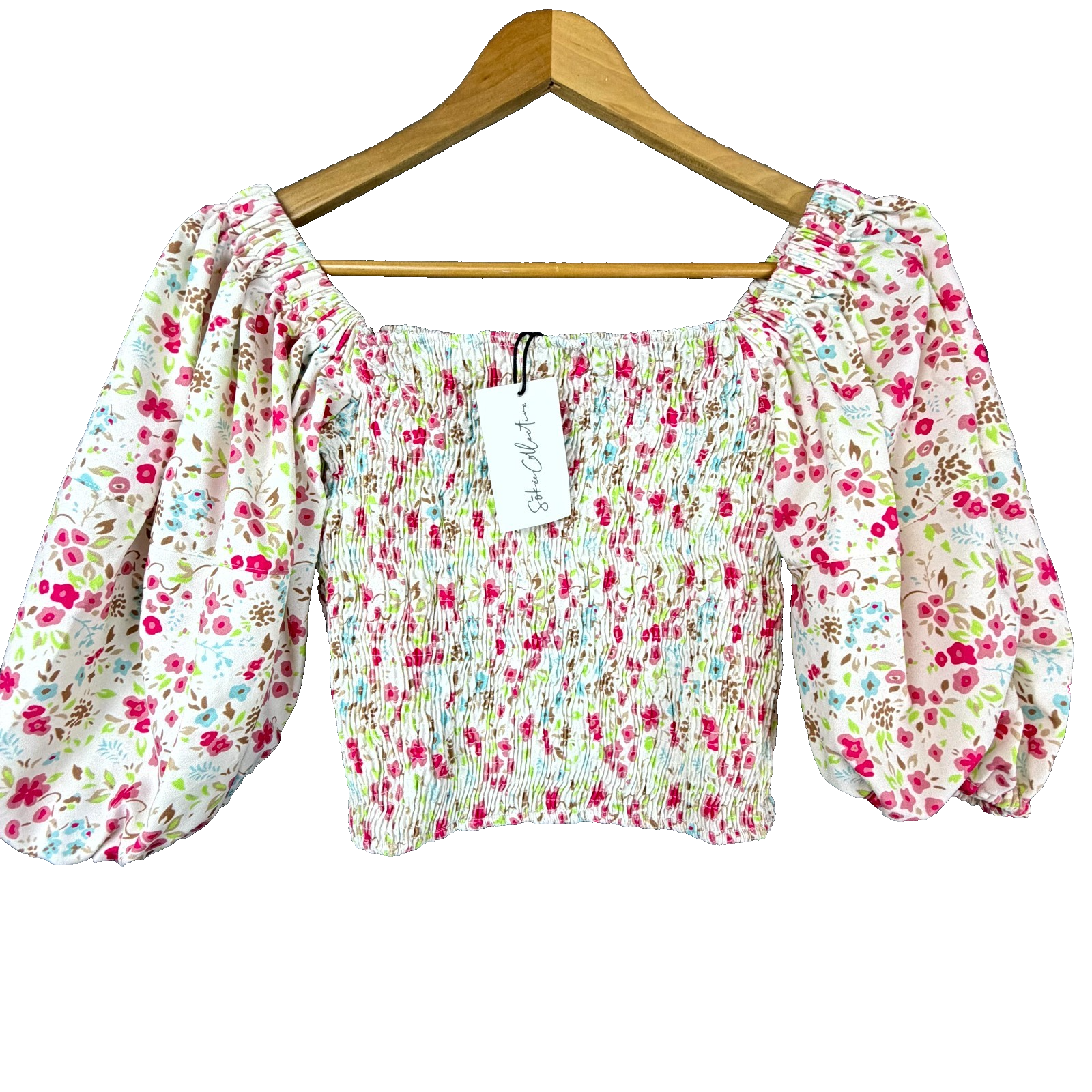 Sokie Collective Puff Sleeve Smocked Top Women Large Greenwich Floral Cottage